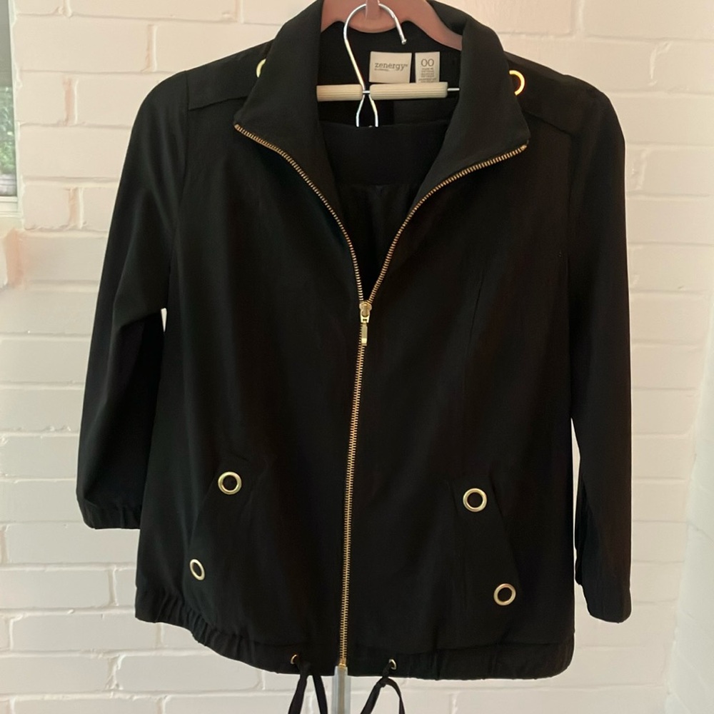 Chico's Zenergy Black and Gold Utility Jacket and Pant Set Size 00
